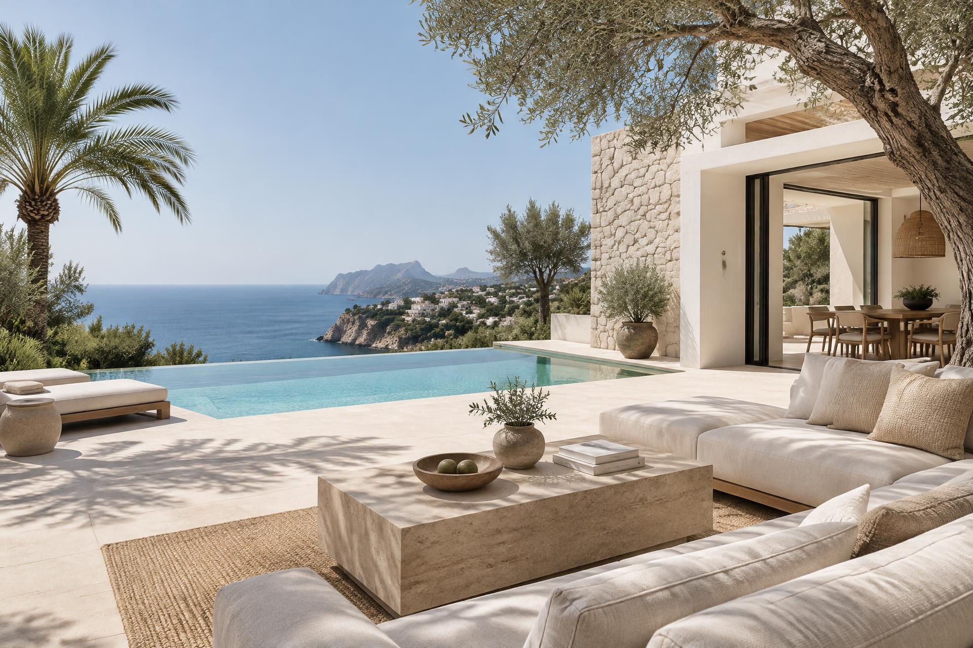 Mediterranean villa terrace with a pool and sea view on the Costa Blanca